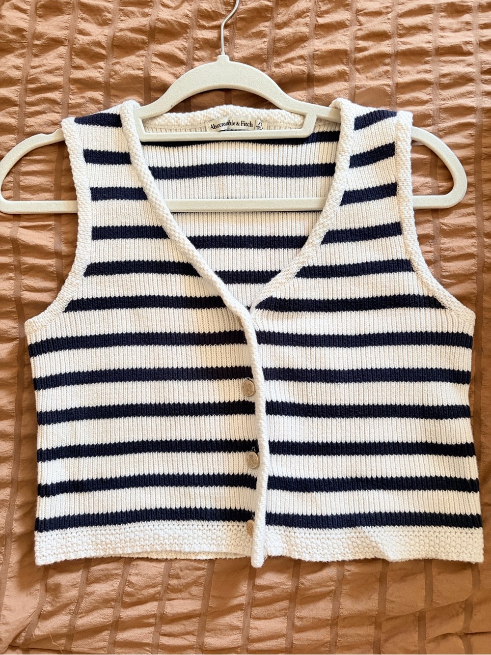 Abercrombie & Fitch Navy and Cream Striped Knit Button Front Vest